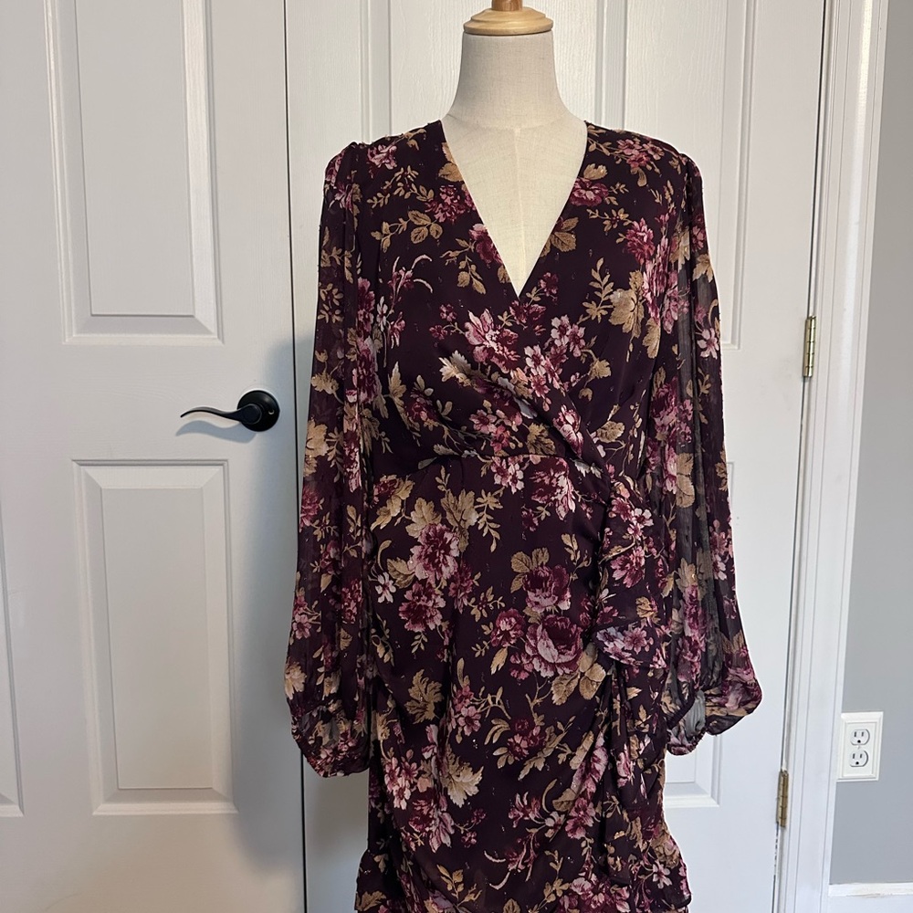 Express Floral Long Sleeve Wrap Dress - Burgundy with Pink & Tan Flowers